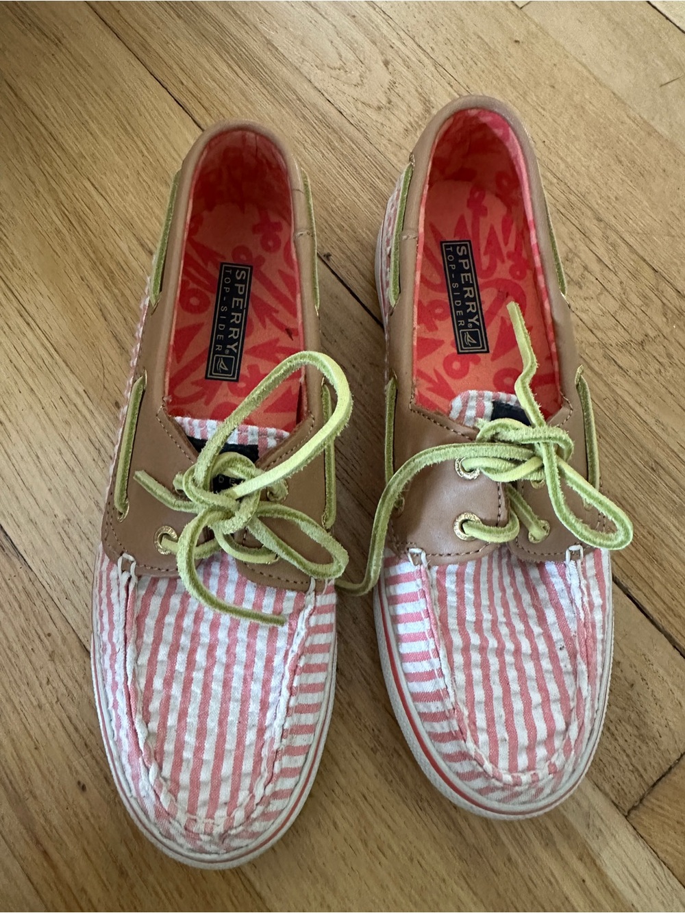 Sperry Pink & Tan Striped Canvas Deck Shoes with Neon Laces